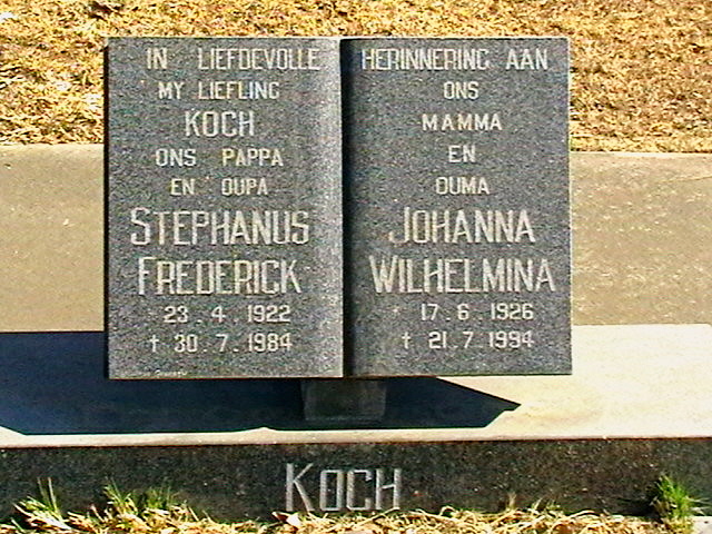 KOCH Stephanus Frederick 1922-1984 & Johanna Wilhelmina 1926- 1994