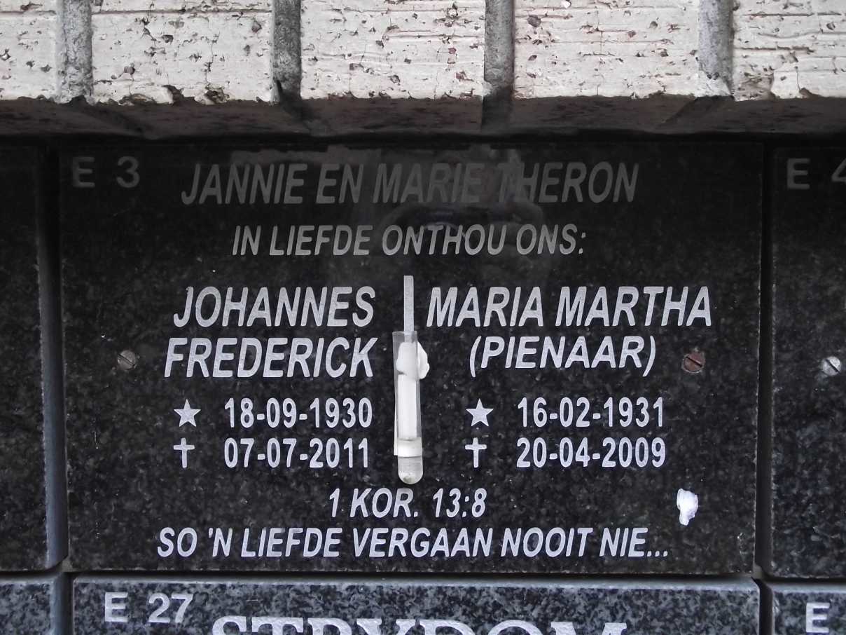 THERON Johannes Frederick 1930-2011 & Maria Martha PIENAAR 1931-2009