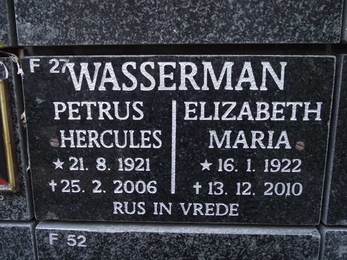 WASSERMAN Petrus Hercules 1921-2006 & Elizabeth Maria 1922-2010