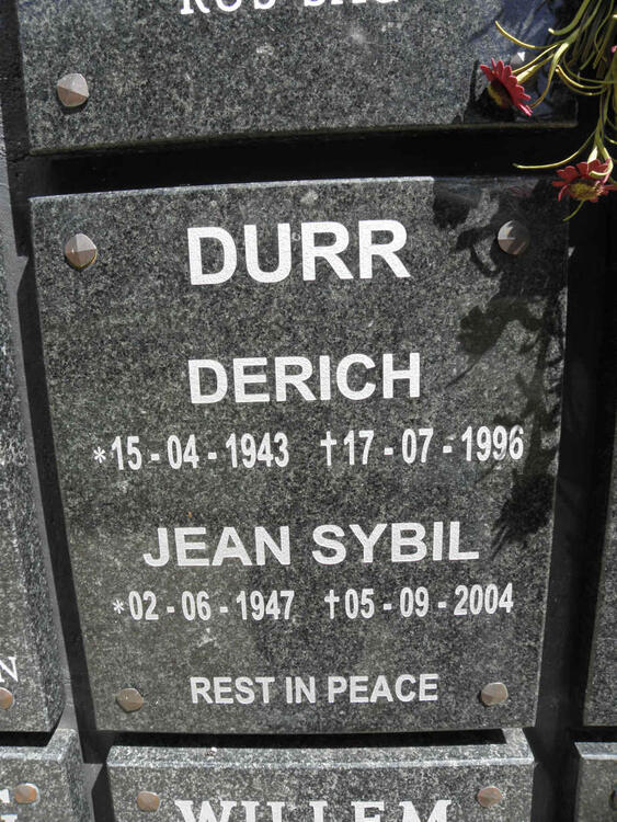 DURR Derich 1943-1996 & Jean Sybil 1947-2004