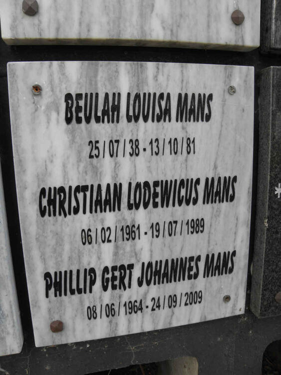 MANS Beulah Louisa 1938-1981 :: MANS Christiaan Lodewicus 1961-1989 :: MANS Phillip Gert Johannes 1964-2009