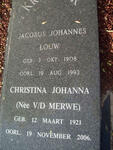 KRIEGLER Jacobus Johannes Louw 1908-1993 :: V.D. MERWE Christina Johanna 1921-2006