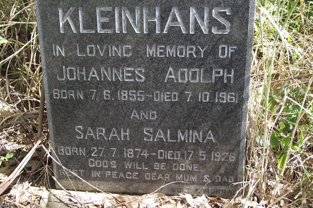 KLEINHANS Johannes Adolph 1855-1961 & Sarah Salmina 1874-1926