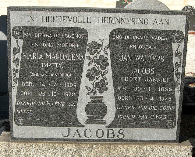 JACOBS Jan Walters 1898-1975 & Maria Magdalena VAN DEN BERG 1909-1972