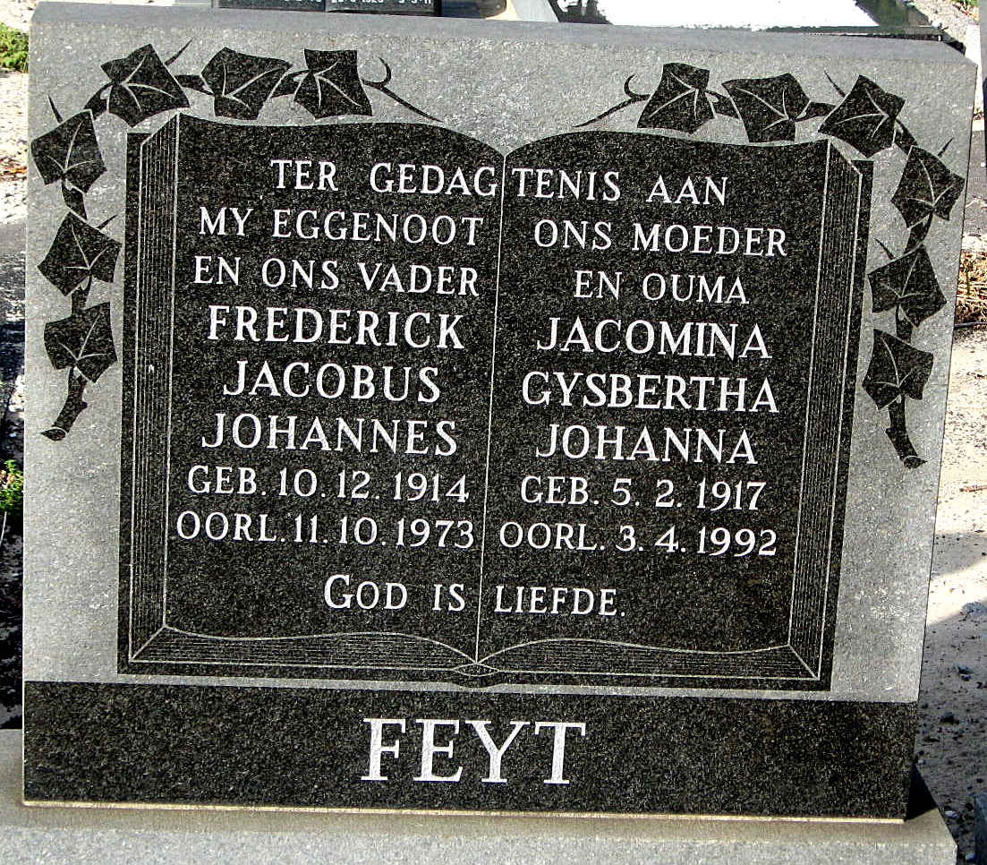 FEYT Frederick Jacobus Johannes 1914-1973 & Jacomina Gysbertha Johanna 1917-1992