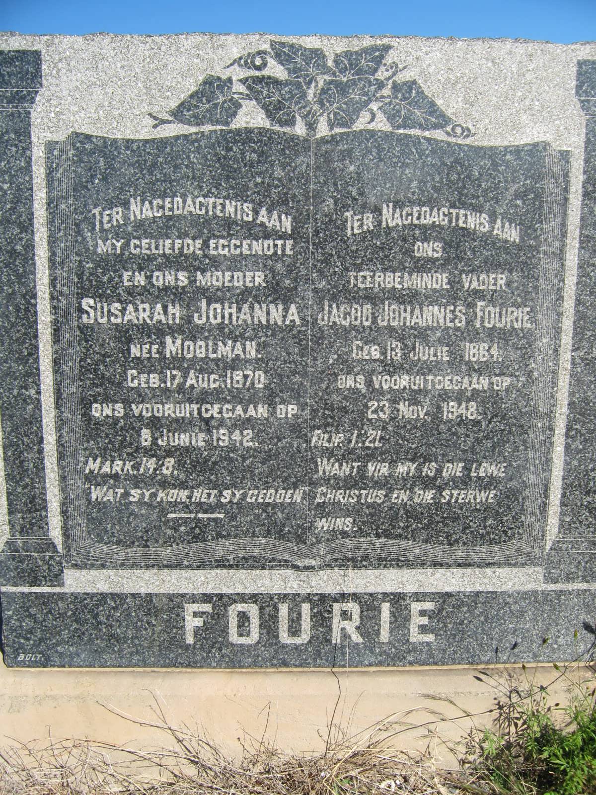 FOURIE Jacob Johannes 1964-1948 & Susarah Johanna MOOLMAN 1870-1942  