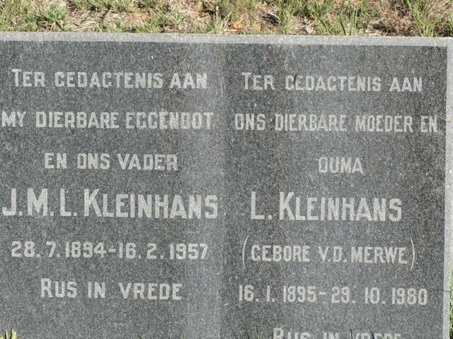 KLEINHANS J.M.L. 1894-1957 & L. V.D. MERWE 1895-1980