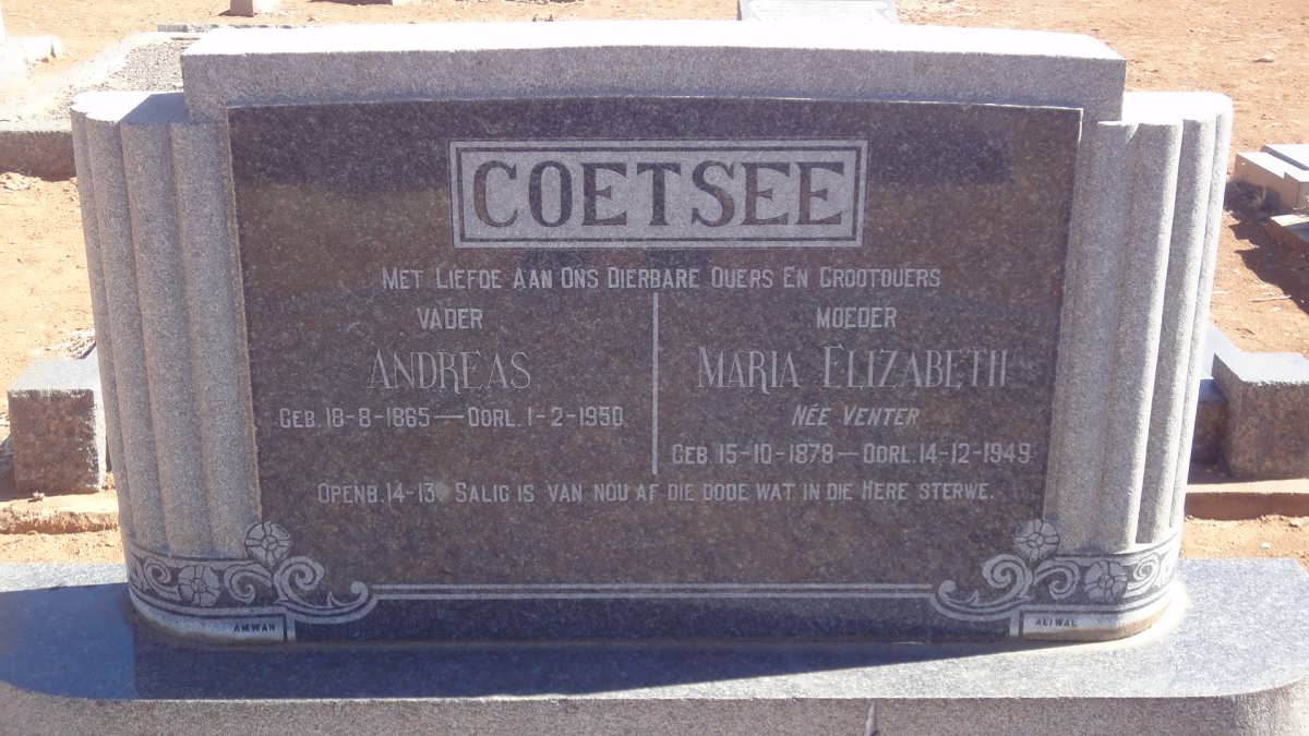 COETSEE Andreas 1865-1950 & Maria Elizabeth VENTER 1878-1949