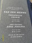 MERWE Theophilus Cronje, van der 1932-2008 & Anna Johanna KRUGER 1936-2004