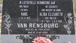 RENSBURG Hans, van 1925- & Alida Elizabeth VAN ECK 1927-1990