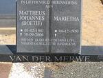 MERWE Mattheus Johannes, van der 1941-2006 & Marietha 1950-