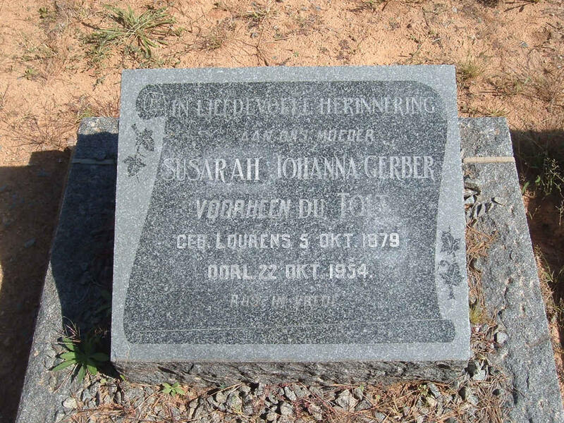 GERBER Susarah Johanna voorheen DU TOIT nee LOURENS 1879-1954