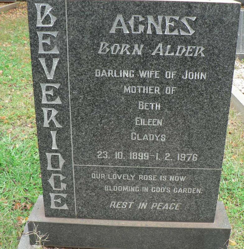 BEVERIDGE Agnes nee ALDER 1899-1976