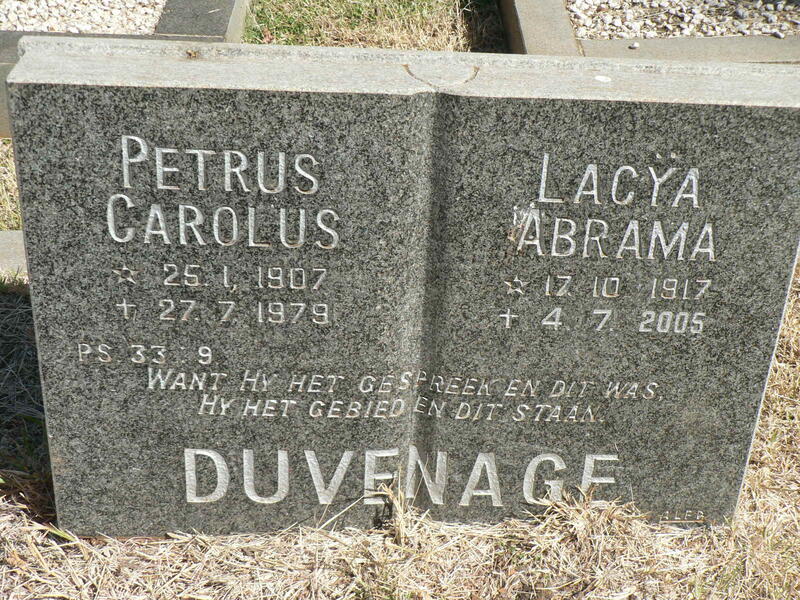DUVENAGE Petrus Carolus 1907-1979 & Lacya Abrama 1917-2005