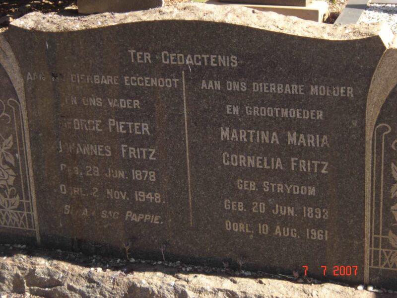 FRITZ George Pieter Johannes 1878-1948 & Martina Maria Cornelia STRYDOM 1893-1961