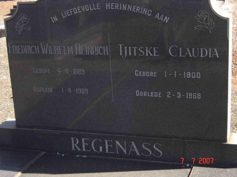 REGENASS Friederich Wilhelm Heinrich 1889-1989 & Tjitske Claudia 1900-1968