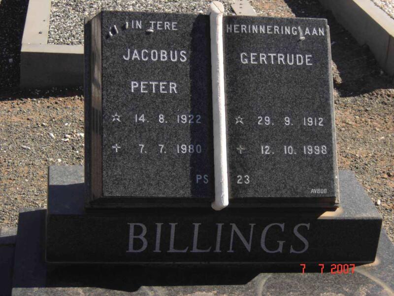BILLINGS Jacobus Peter 1922-1980 & Gertrude 1912-1998