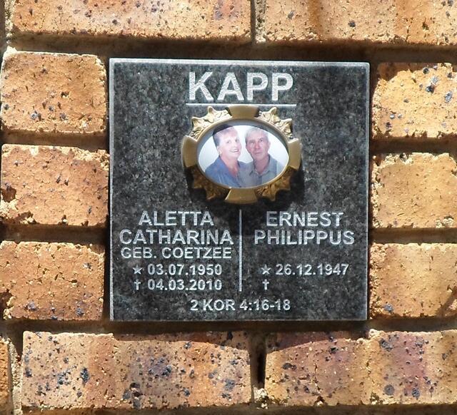 KAPP Ernest Philippus 1947- & Aletta Catharina COETZEE 1950-2010