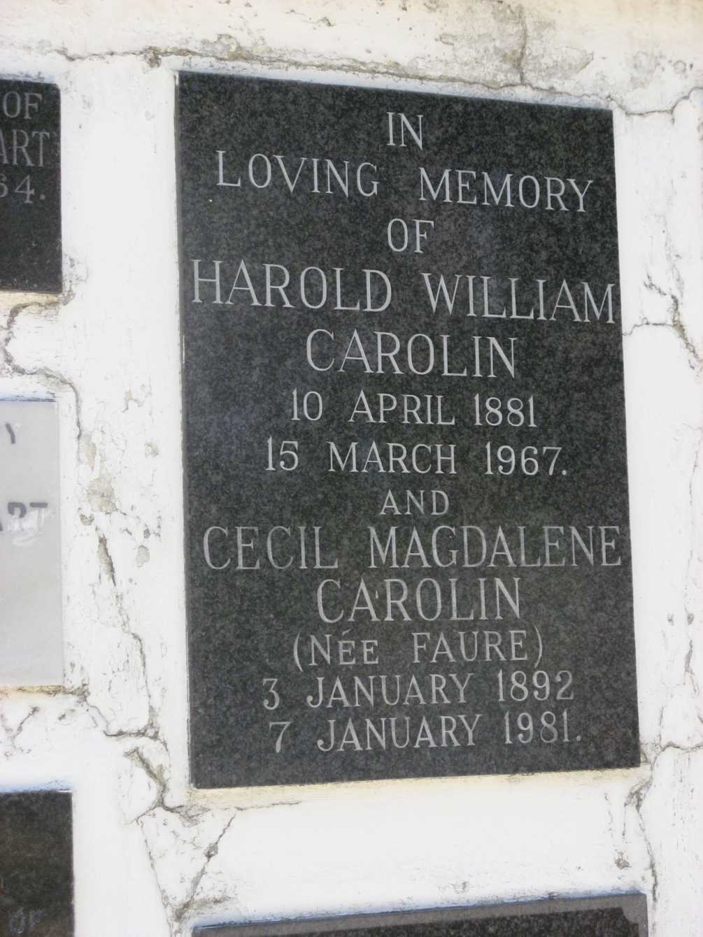 CAROLIN Harold William 1881-1967 & Cecil Magdalene FAURE 1892-1981