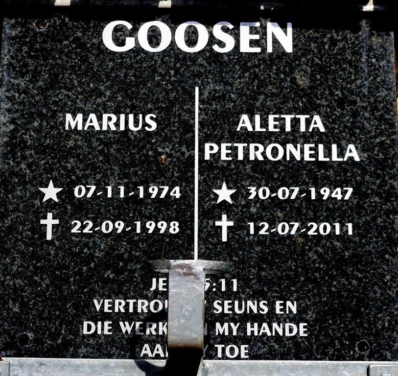 GOOSEN Aletta Petronella 1947-2011 :: GOOSEN Marius 1974-1998  