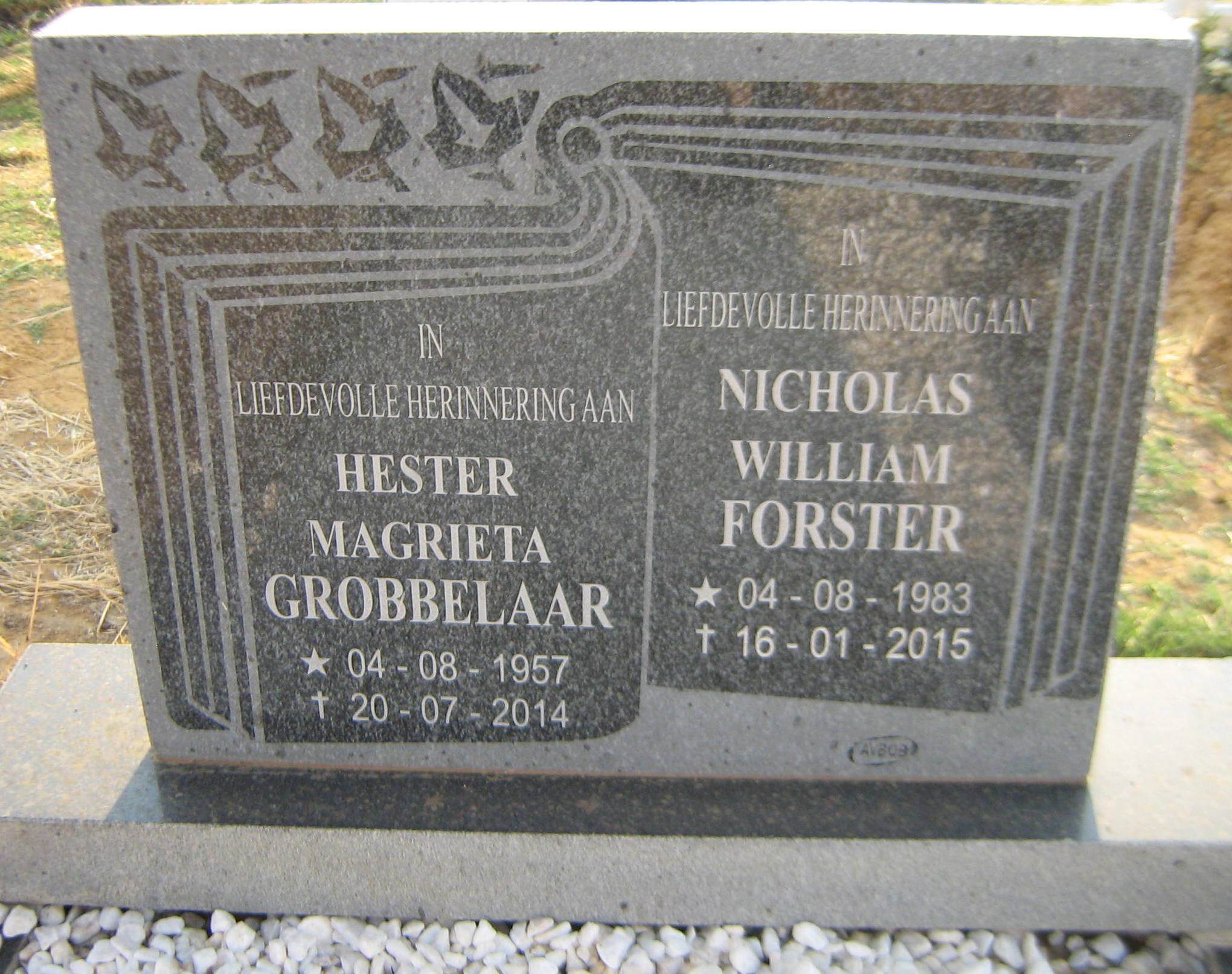 GROBBELAAR Hester Magrieta 1957-2014 :: FORSTER Nicholas William 1983-2015