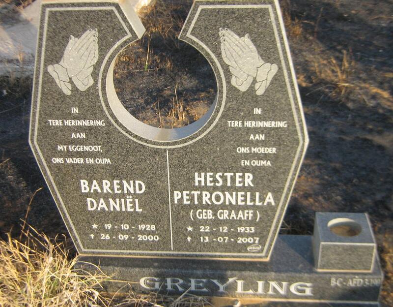 GREYLING Barend Daniel 1928-2000 & Hester Petronella GRAAFF 1933-2007
