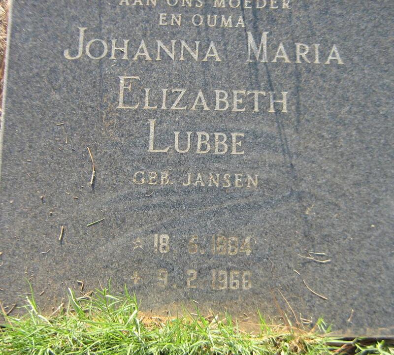 LUBBE Johanna Maria Elizabeth nee JANSEN 1884-1968