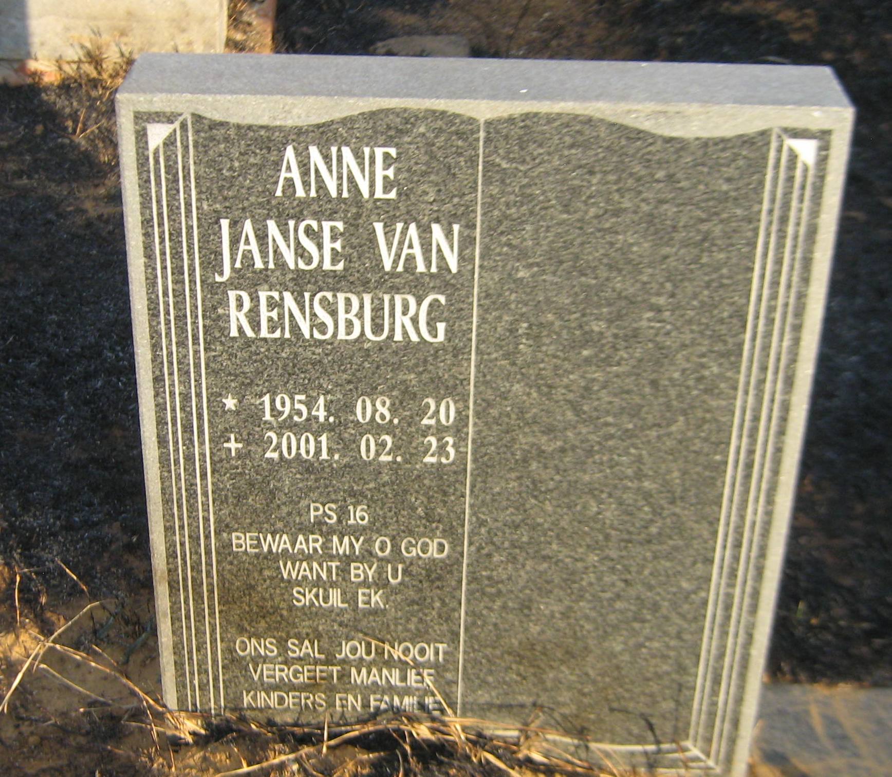 RENSBURG Anne, Janse van 1954-2001