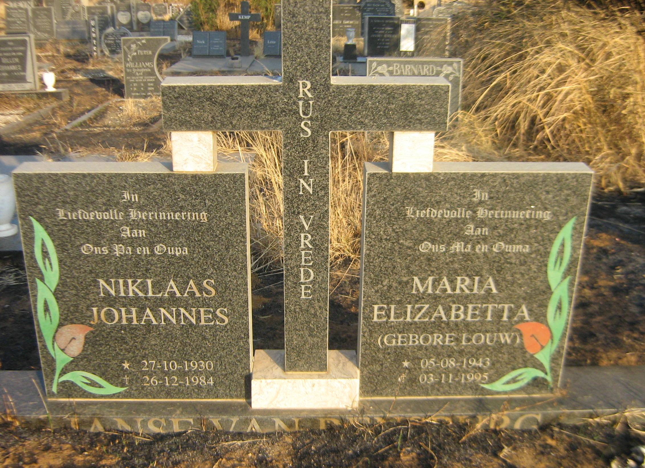 RENSBURG Niklaas Johannes, Janse van 1930-1984 & Maria Elizabetta LOUW 1943-1995