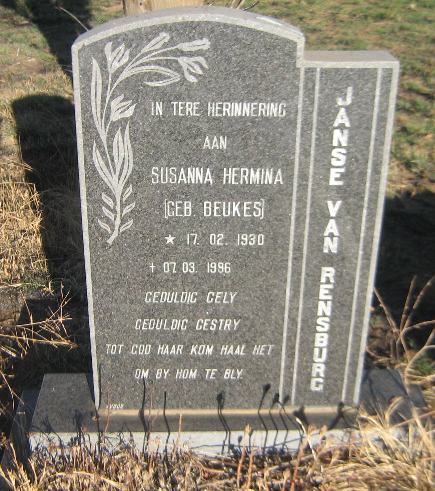 RENSBURG Susanna Hermina, Janse van nee BEUKES 1930-1996