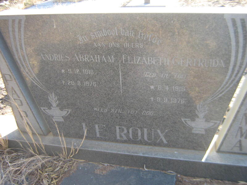 ROUX  Andries Abraham, le 1910-1976 & Elizabeth Gertruida DU TOIT 1916-1976