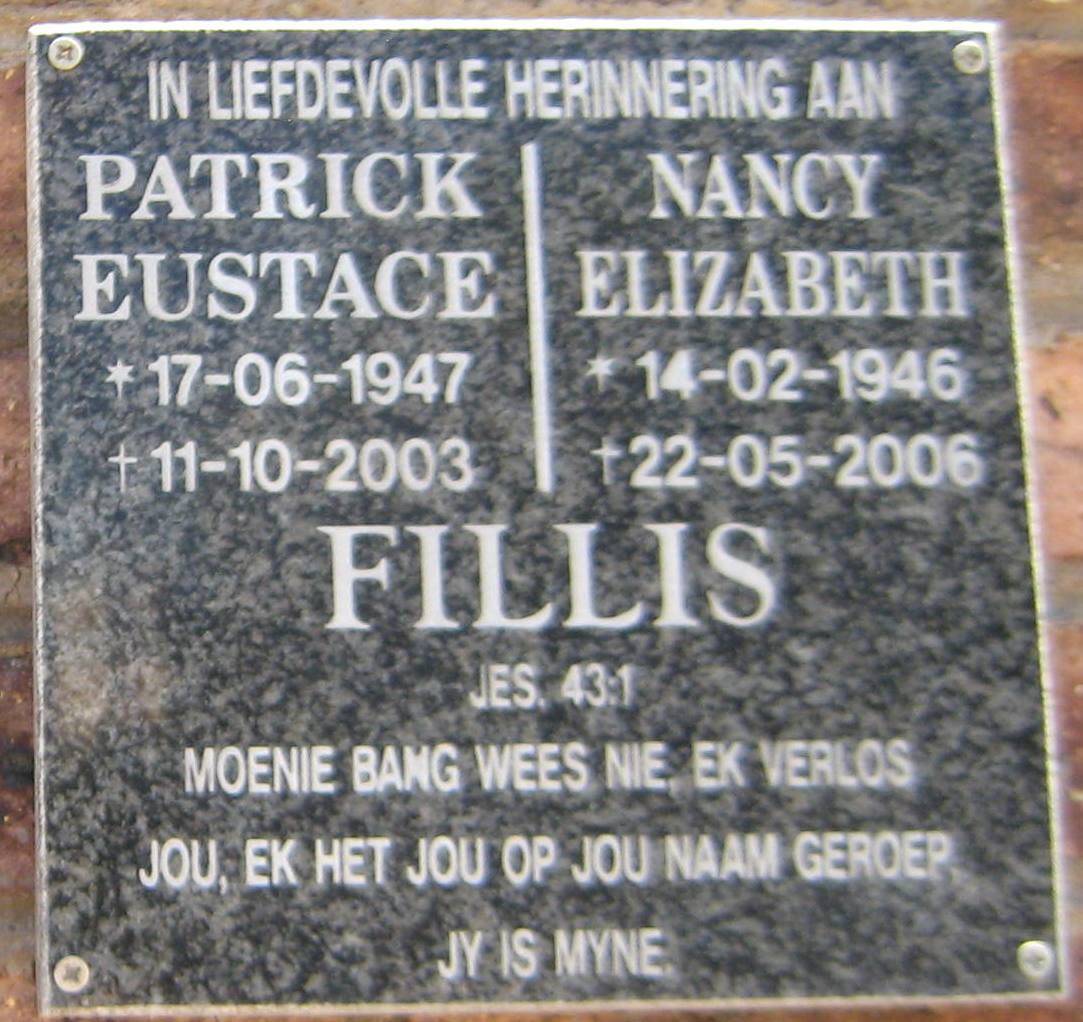 FILLIS Patrick Eustace 1947-2003 & Nancy Elizabeth 1946-2006