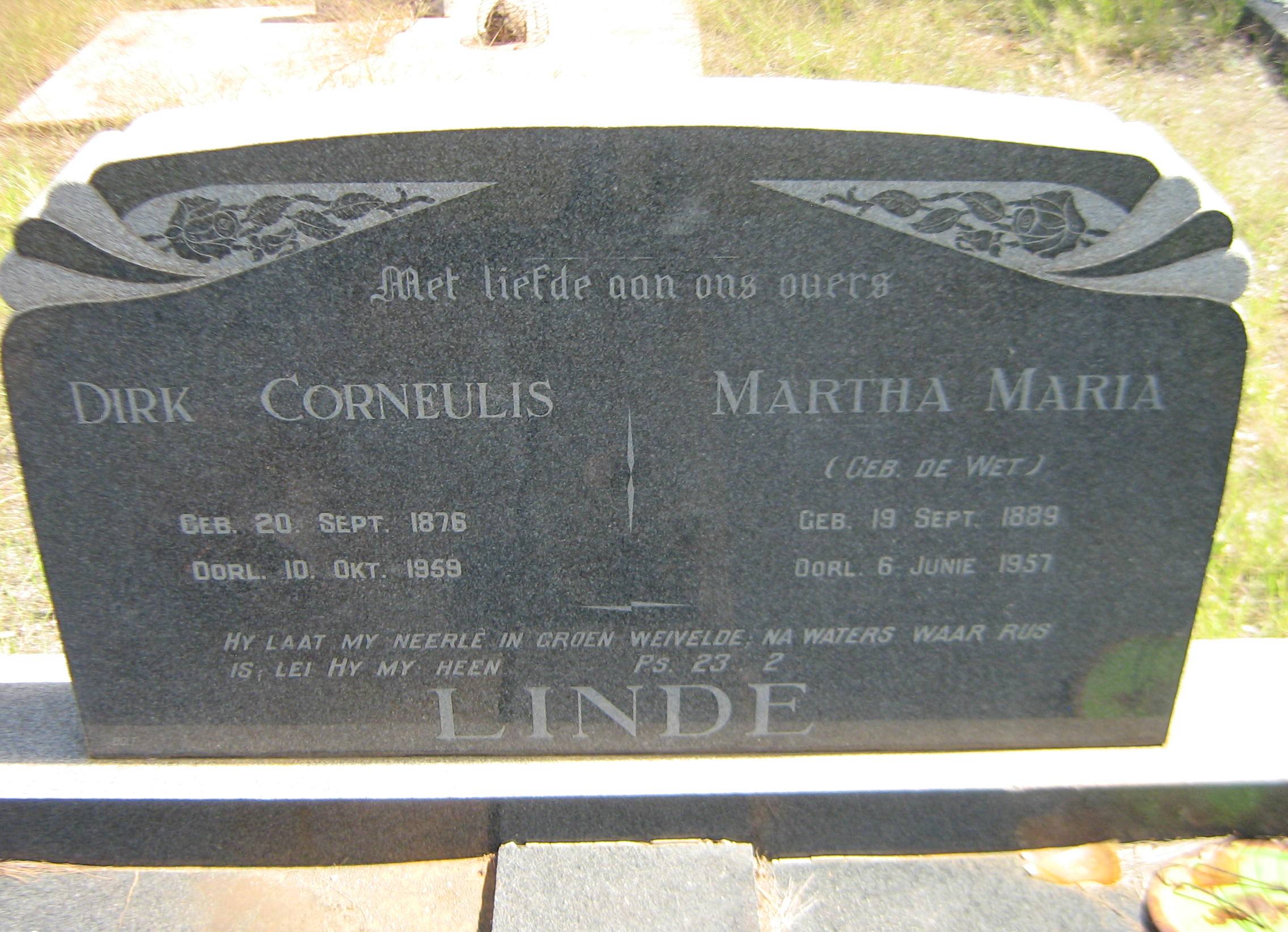 LINDE Dirk Corneulis 1876-1959 & Martha Maria DE WET 1889-1957