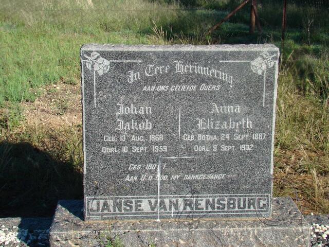 RENSBURG Johan Jakob, Janse van 1868-1959 & Anna Elizabeth BOTHA 1887-1932
