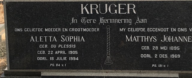 KRUGER Matthys Johannes 1895-1969 & Aletta Sophia DU PLESSIS 1905-1994