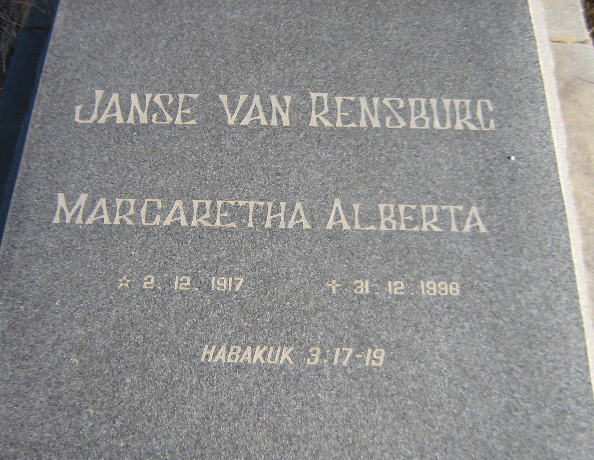 RENSBURG Margaretha Alberta, Janse van 1917-1998