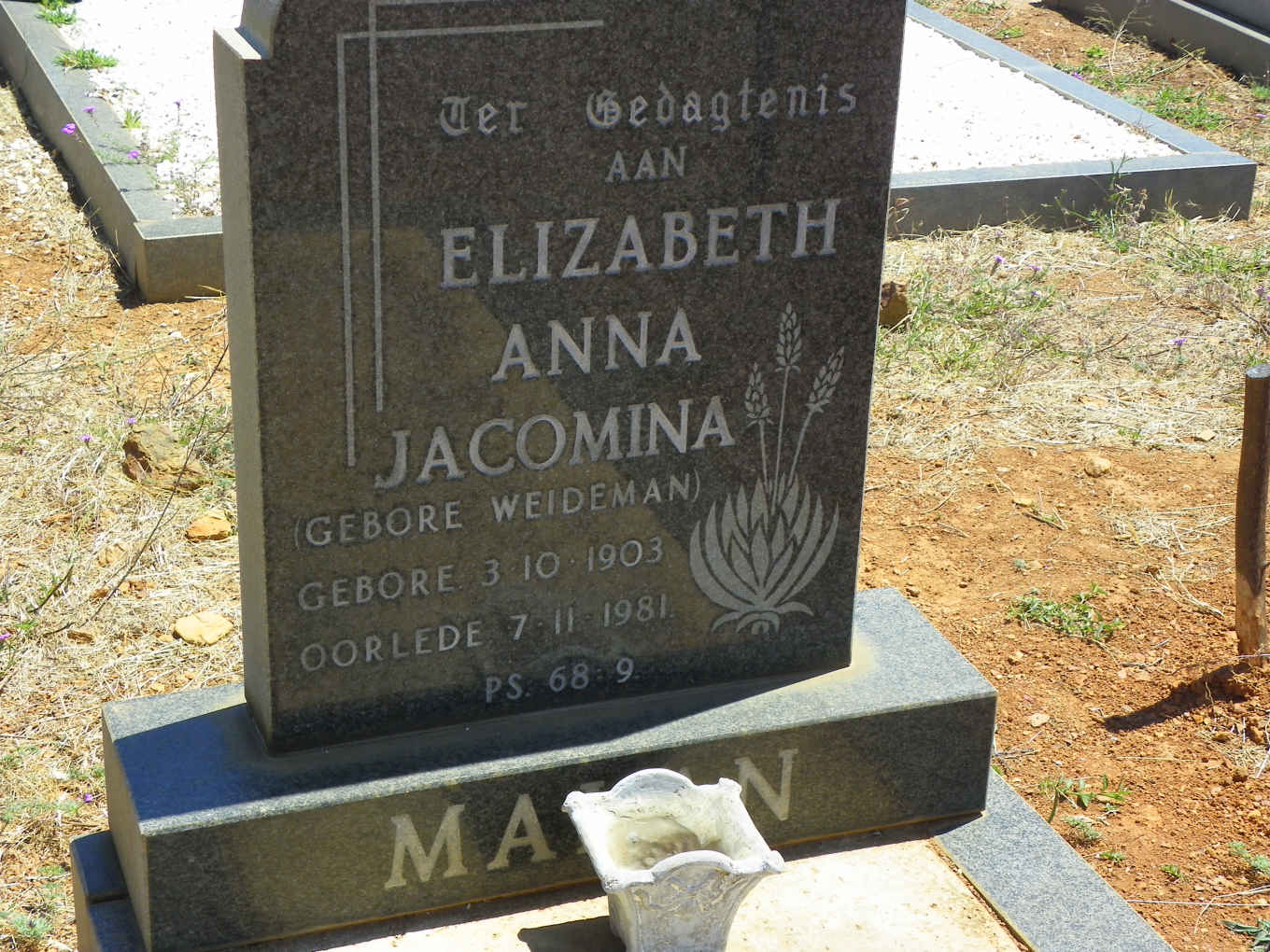 MALAN Elizabeth Anna Jacomina nee WEIDEMAN 1903-1981