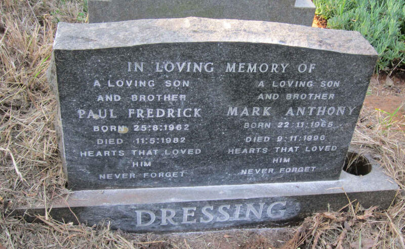 DRESSING Paul Fredrick 1962-1982 :: DRESSING Mark Anthony 1965-1996