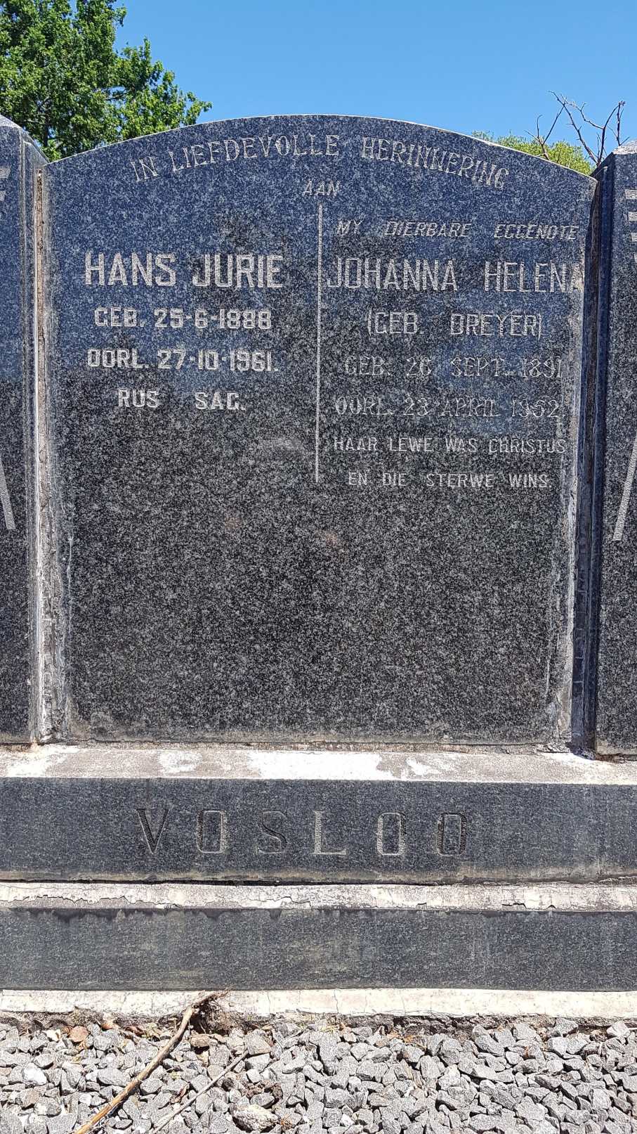 VOSLOO Hans Jurie 1888-1961 & Johanna Helena DREYER 1891-1952