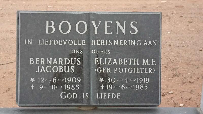 BOOYENS Bernardus Jacobus 1909-1985 & Elizabeth M.F. POTGIETER 1919-1985
