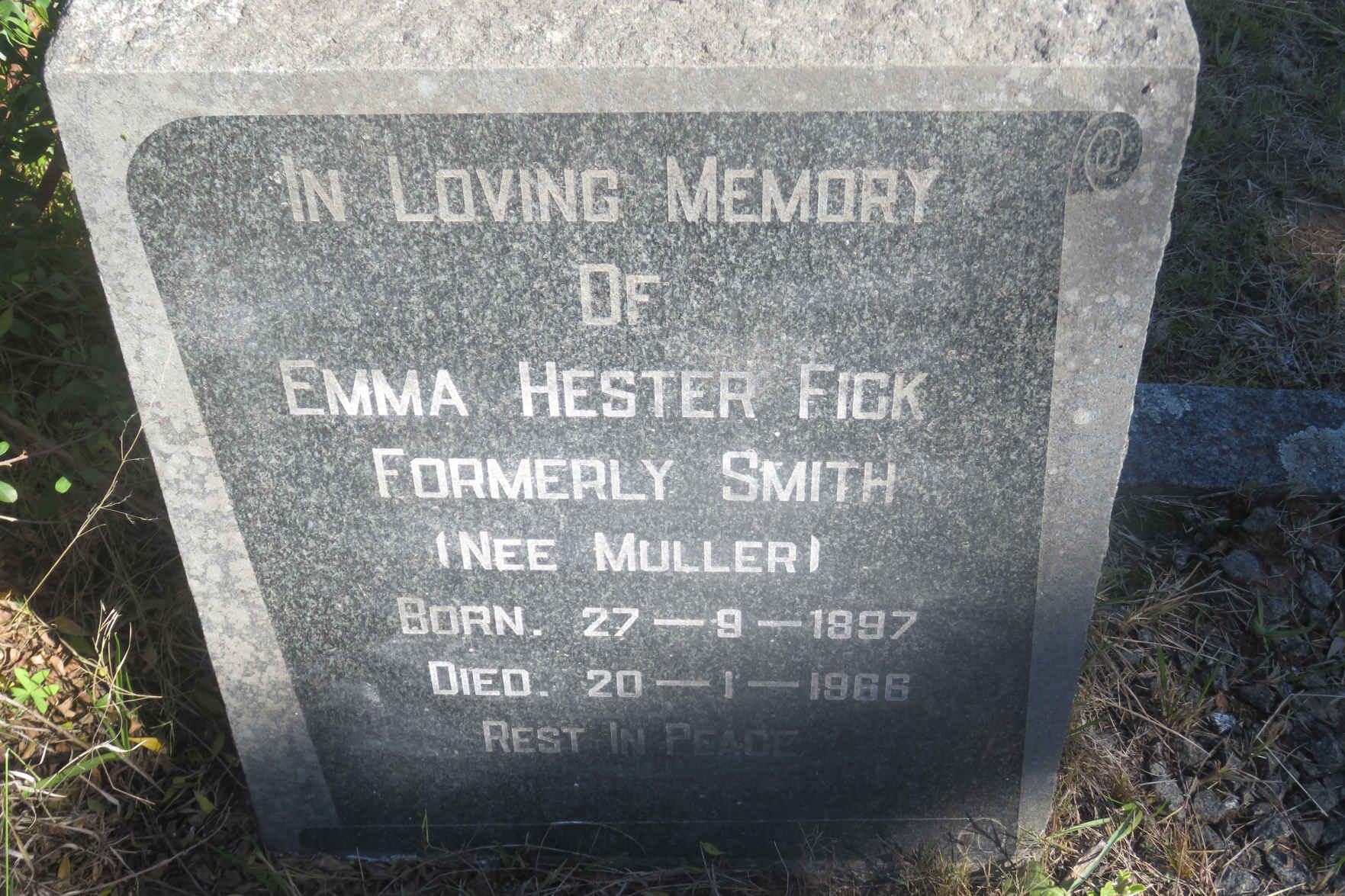 FICK Emma Hester formerly SMITH nee MULLER 1897-1966