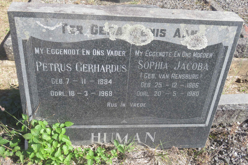 HUMAN Petrus Gerhardus 1884-1968 & Sophia Jacoba VAN RENSBURG 1886-1980