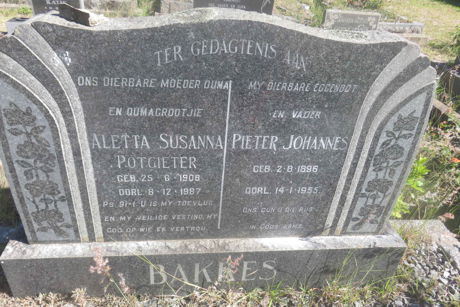 BAKKES Pieter Johannes 1896-1955 & Aletta Susanna POTGIETER 1908-1987
