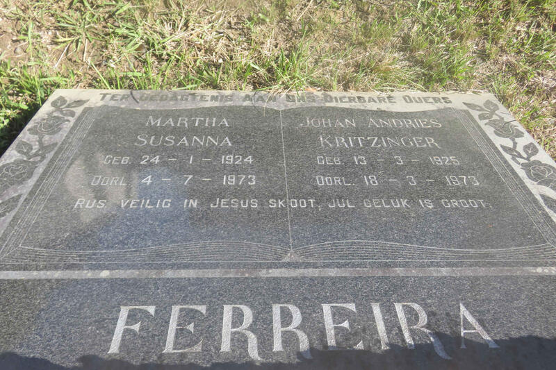 FERREIRA Johan Andries Kritzinger 1925-1973 & Martha Susanna 1924-1973