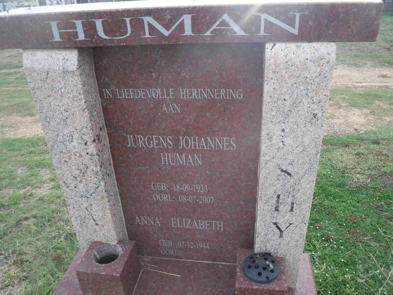 HUMAN Jurgens Johannes 1933-2007 & Anna Elizabeth 1944-