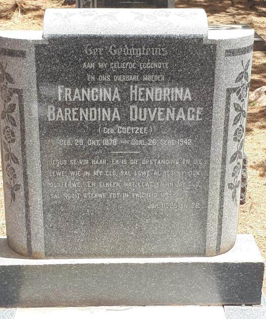 DUVENAGE Francina Hendrina Barendina nee COETZEE 1870-1942