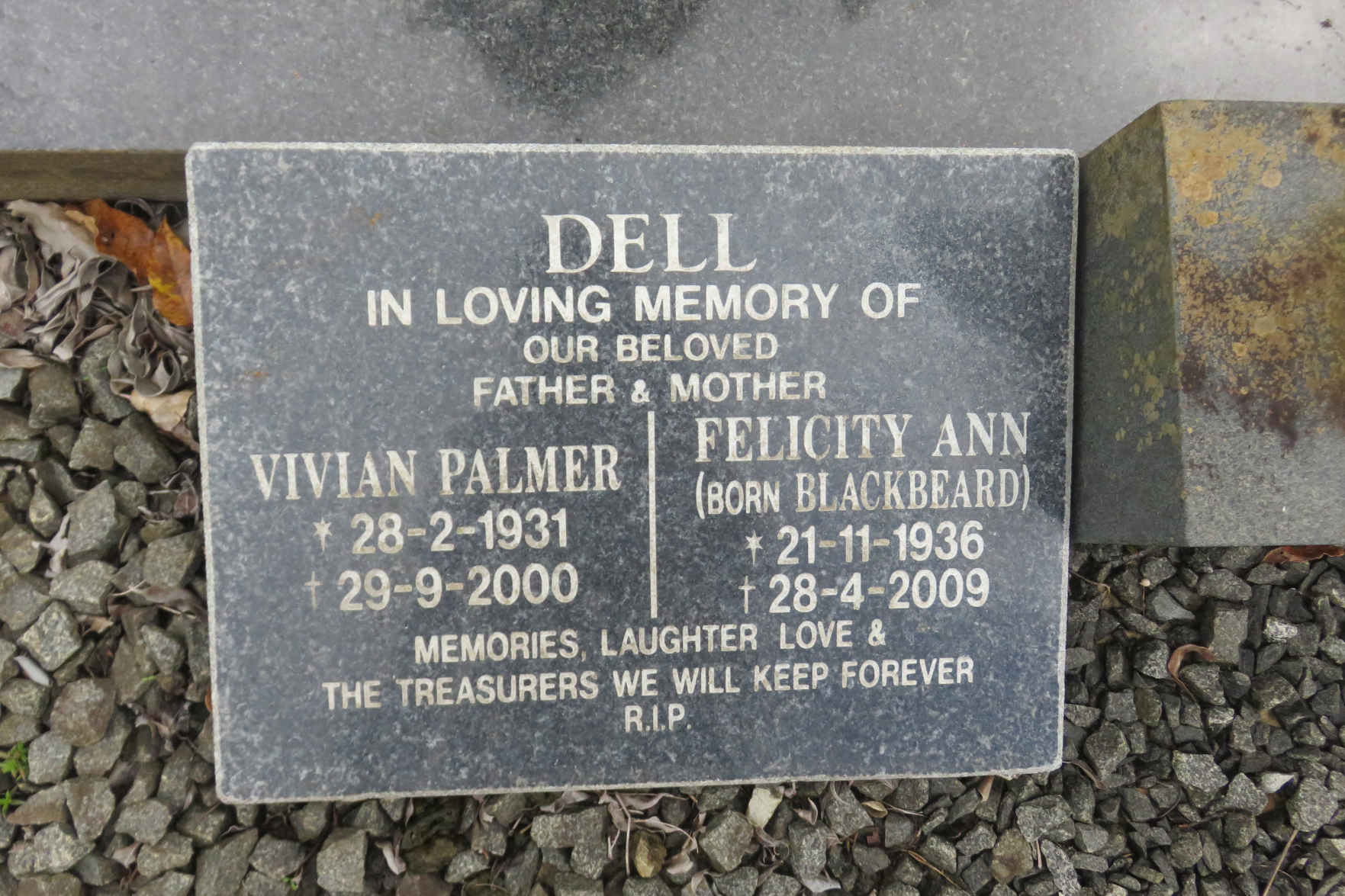 DELL Vivian Palmer 1931-2000 & Felicity Ann BLACKBEARD 1936-2009