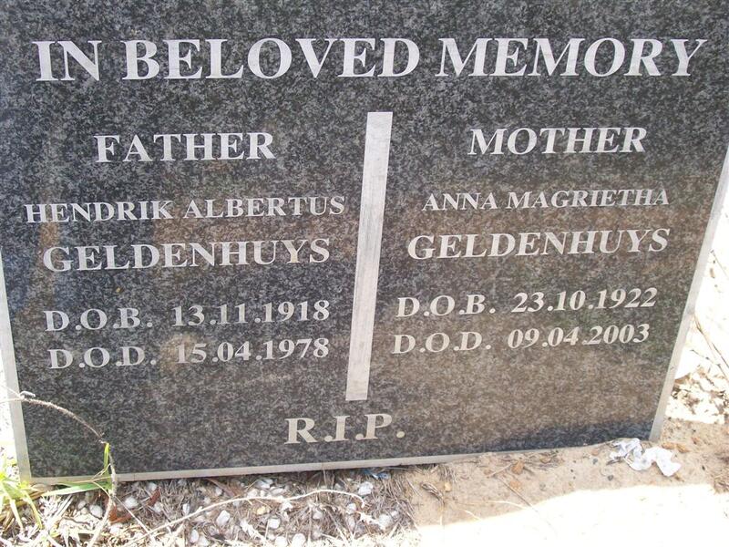 GELDENHUYS Hendrik Albertus 1918-1978 & Anna Magrietha 1922-2003