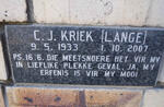 KRIEK C.J. nee LANGE 1933-2007