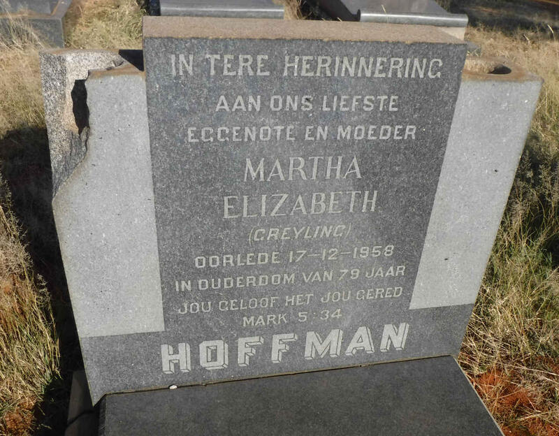 HOFFMAN Martha Elizabeth nee GREYLING -1958